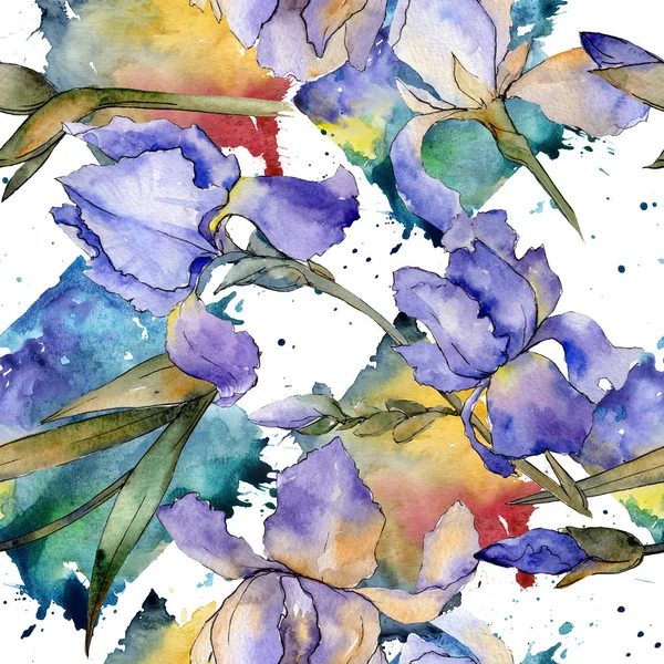 紫色のアイリスの花植物花。水彩画背景イラスト セット。シームレスな背景パターン. — ストック写真