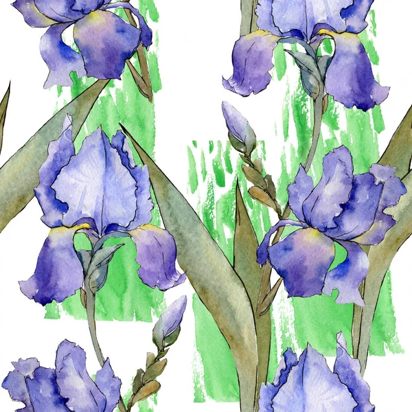 Purple iris floral botanical flower. Watercolor background illustration set. Seamless background pattern.