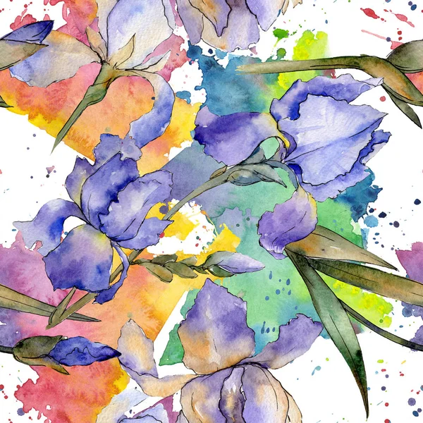 Purple iris floral botanical flower. Watercolor background illustration set. Seamless background pattern. — Stock Photo, Image