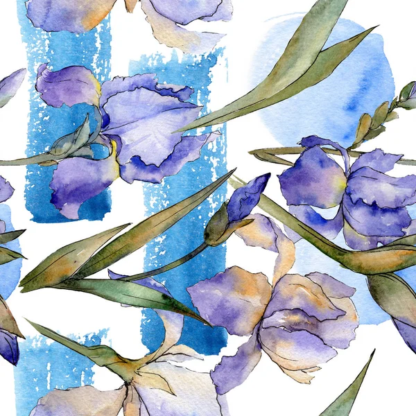 Fialový iris květinové botanické květin. Sada akvarel pozadí obrázku. Vzor bezešvé pozadí. — Stock fotografie