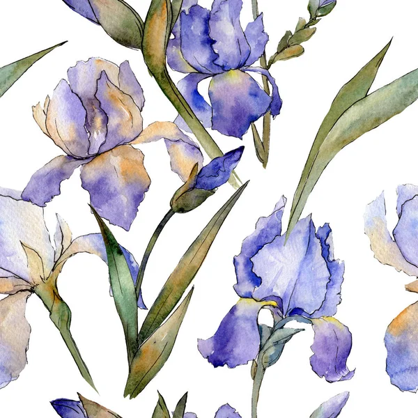 Purple iris floral botanical flower. Watercolor background illustration set. Seamless background pattern. — Stock Photo, Image