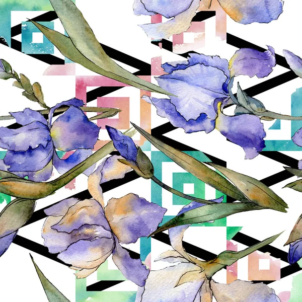 Iris púrpura flor botánica floral. Conjunto de ilustración de fondo acuarela. Patrón de fondo sin costuras . — Foto de Stock