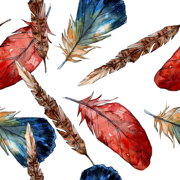 Watercolor bird feather from wing isolated. Seamless background pattern. — Stock Photo, Image