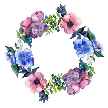 Buket çiçek botanik çiçekler. Suluboya arka plan illüstrasyon küme. Çerçeve kenarlığı süsleme Meydanı.