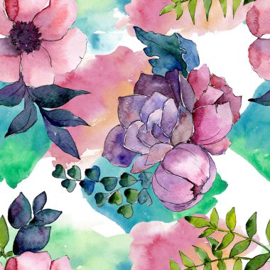 Buket çiçek botanik çiçekler. Suluboya arka plan illüstrasyon küme. Sorunsuz arka plan deseni.