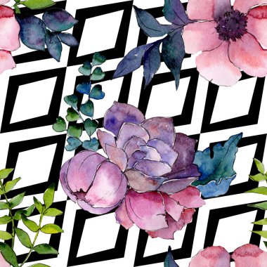 Buket çiçek botanik çiçekler. Suluboya arka plan illüstrasyon küme. Sorunsuz arka plan deseni.