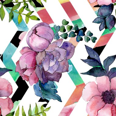 Buket çiçek botanik çiçekler. Suluboya arka plan illüstrasyon küme. Sorunsuz arka plan deseni.