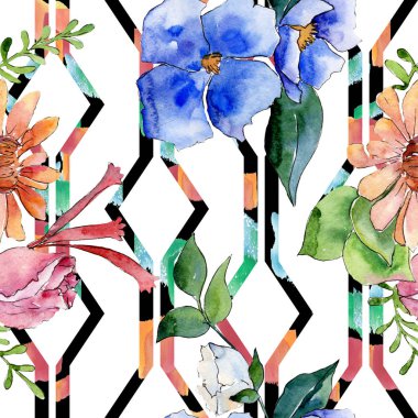 Buket çiçek botanik çiçekler. Suluboya arka plan illüstrasyon küme. Sorunsuz arka plan deseni.
