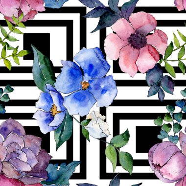 Buket çiçek botanik çiçekler. Suluboya arka plan illüstrasyon küme. Sorunsuz arka plan deseni.