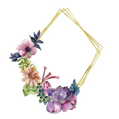 Buket çiçek botanik çiçekler. Suluboya arka plan illüstrasyon küme. Çerçeve kenarlığı süsleme Meydanı.