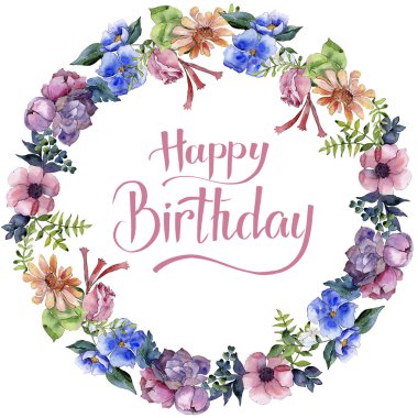 Buket çiçek botanik çiçekler. Suluboya arka plan illüstrasyon küme. Çerçeve kenarlığı süsleme Meydanı.