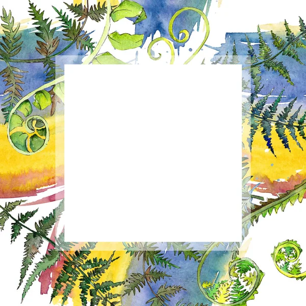 Fern yeşil yaprak. Suluboya arka plan illüstrasyon küme. Çerçeve kenarlığı süsleme Meydanı.