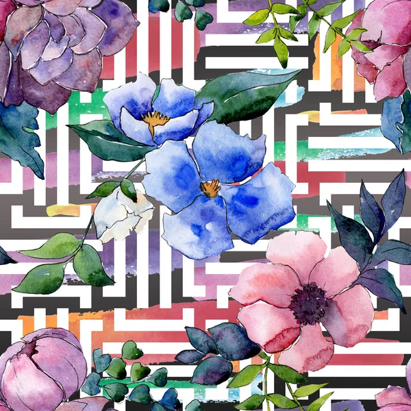 Buket çiçek botanik çiçekler. Suluboya arka plan illüstrasyon küme. Sorunsuz arka plan deseni.