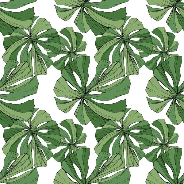 Vector hoja verde planta jardín follaje floral. Arte de tinta grabada. Hojas de palmera. Patrón de fondo sin costuras . — Vector de stock