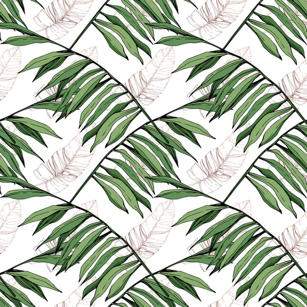 Vector hoja verde planta jardín follaje floral. Arte de tinta grabada. Hojas de palmera. Patrón de fondo sin costuras . — Vector de stock