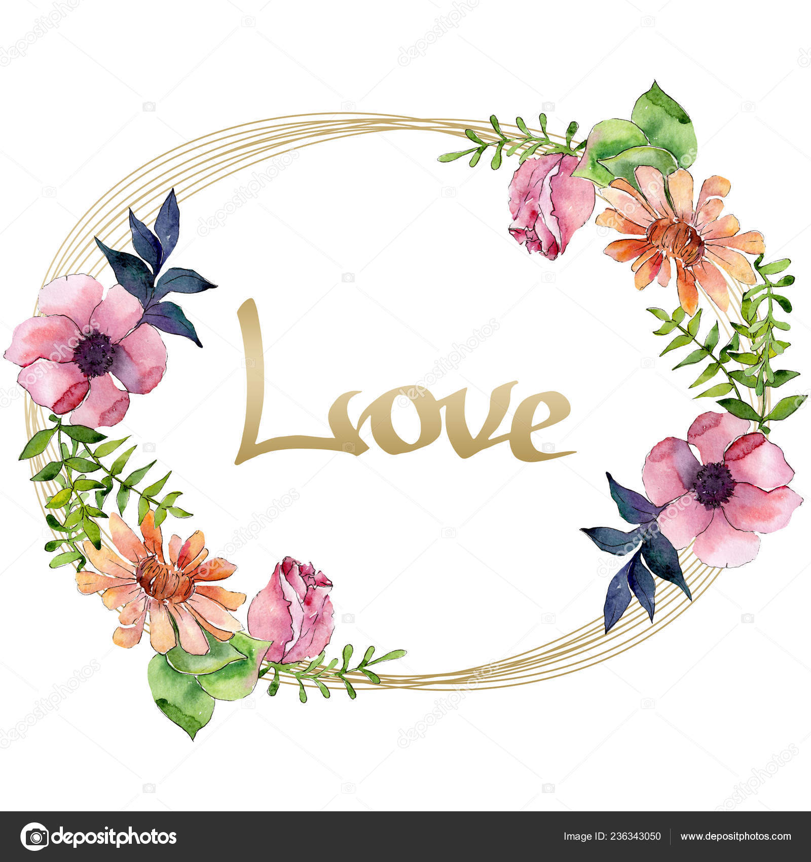 Boeket Bloemen Botanische Bloemen Aquarel Achtergrond Afbeelding Instellen Frame Grens Ornament Vierkant Stockfoto C Mystocks 236343050
