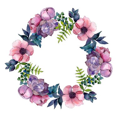 Buket çiçek botanik çiçekler. Suluboya arka plan illüstrasyon küme. Çerçeve kenarlığı süsleme Meydanı.