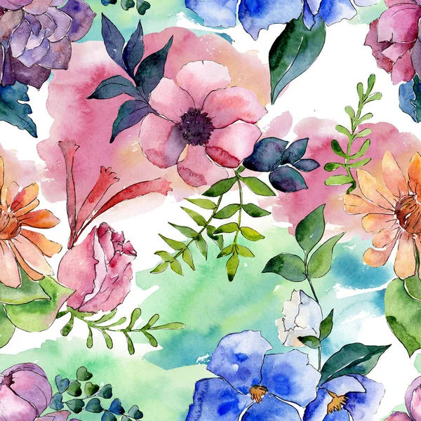 Boeket bloemen botanische bloemen. Aquarel achtergrond afbeelding instellen. Naadloze achtergrondpatroon. — Stockfoto