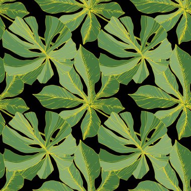 Vektör yaprak yeşil bitki bahçe çiçek bitki örtüsü. Oyulmuş mürekkep sanat. Palm beach ağaç yaprak. Sorunsuz arka plan deseni.