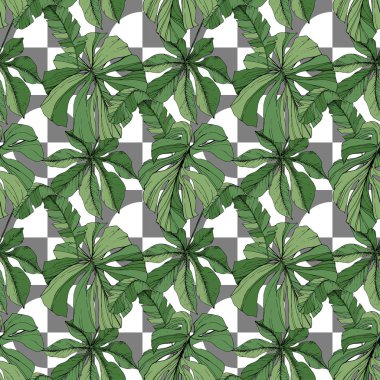 Vektör yaprak yeşil bitki bahçe çiçek bitki örtüsü. Oyulmuş mürekkep sanat. Palm beach ağaç yaprak. Sorunsuz arka plan deseni.