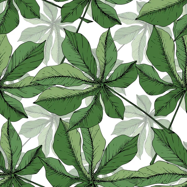 Vector hoja verde planta jardín follaje floral. Arte de tinta grabada. Hojas de palmera. Patrón de fondo sin costuras . — Vector de stock