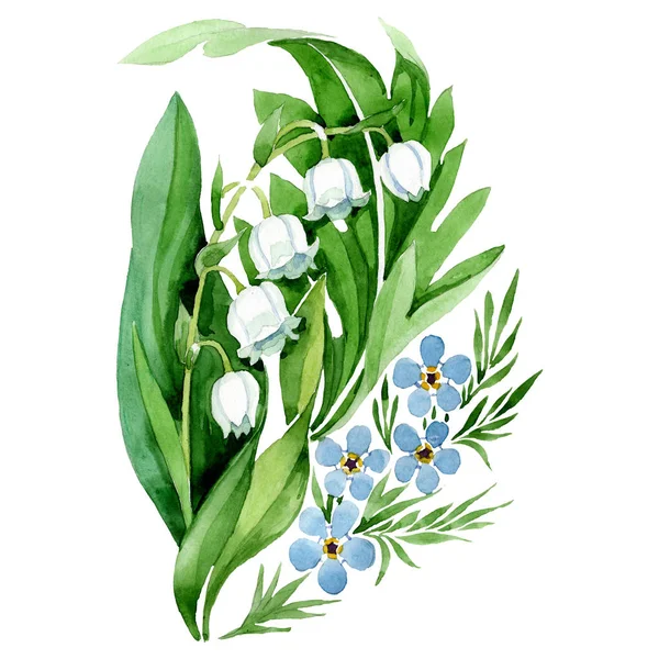 Lily de la flor del ramo del valle. Conjunto de ilustración de fondo acuarela. Aislado no me olvides elemento ilustrativo . — Foto de Stock