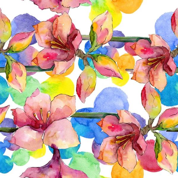 Amarillide rosa e viola fiore botanico floreale. Acquerello sfondo illustrazione set. Modello di sfondo senza soluzione di continuità . — Foto Stock