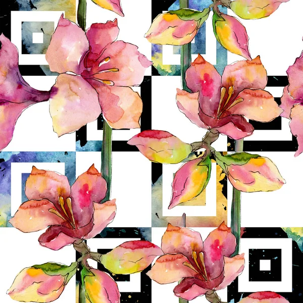 Amarillide rosa e viola fiore botanico floreale. Acquerello sfondo illustrazione set. Modello di sfondo senza soluzione di continuità . — Foto Stock