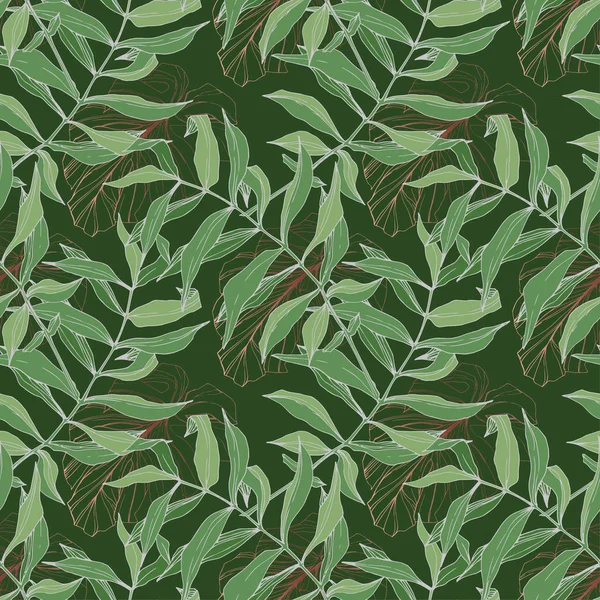 Vector hoja verde planta jardín follaje floral. Arte de tinta grabada. Hojas de palmera. Patrón de fondo sin costuras . — Vector de stock