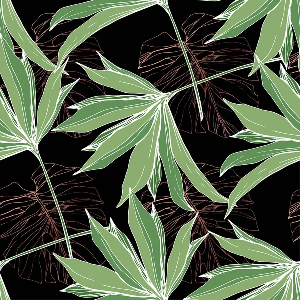 Vector hoja verde planta jardín follaje floral. Arte de tinta grabada. Hojas de palmera. Patrón de fondo sin costuras . — Vector de stock