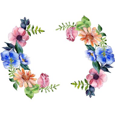 Buket çiçek botanik çiçekler. Suluboya arka plan illüstrasyon küme. Çerçeve kenarlığı süsleme Meydanı.