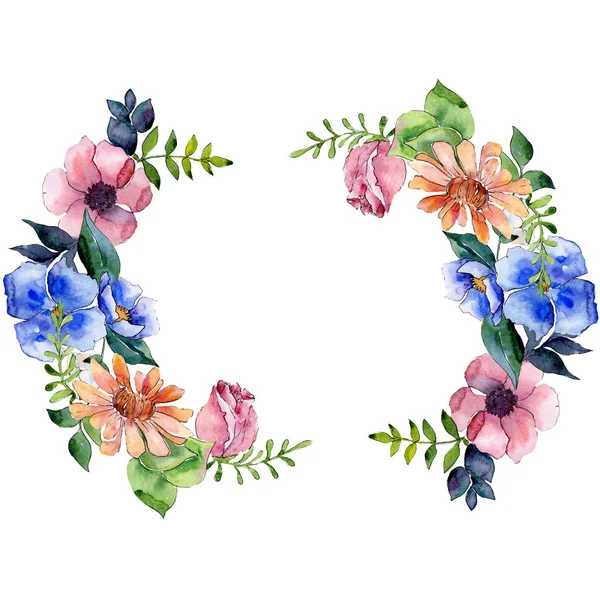 꽃다발 꽃 식물 꽃입니다. 수채화 배경 그림 설정 합니다. 프레임 테두리 장식 스퀘어. — 스톡 사진
