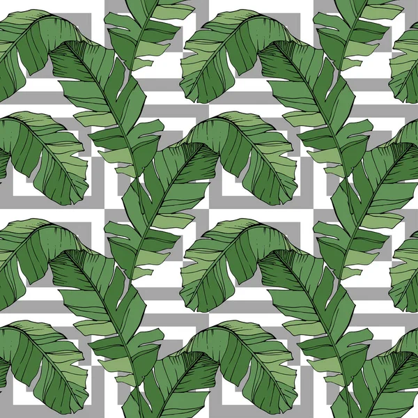 Vector Green leaf plant garden floral foliage. Engraved ink art. Palm beach tree leaves. Seamless background pattern. — Stock Vector