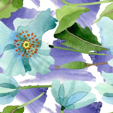 Mavi haşhaş botanik çiçek. Suluboya arka plan illüstrasyon küme. Sorunsuz arka plan deseni.