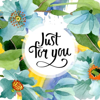 Mavi haşhaş botanik çiçek. Suluboya arka plan illüstrasyon küme. Çerçeve kenarlığı süsleme Meydanı.