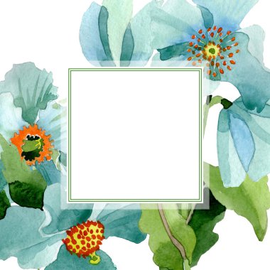 Blue poppy floral botanical flower. Watercolor background illustration set. Frame border ornament square. clipart