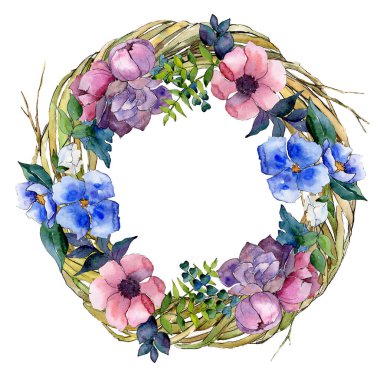 Buket çiçek botanik çiçekler. Suluboya arka plan illüstrasyon küme. Çerçeve kenarlığı süsleme Meydanı.