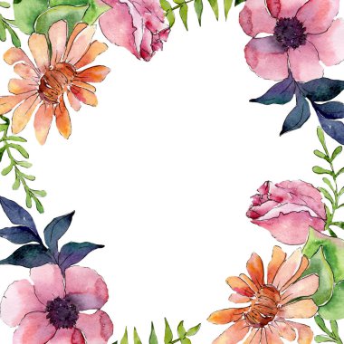 Buket çiçek botanik çiçekler. Suluboya arka plan illüstrasyon küme. Çerçeve kenarlığı süsleme Meydanı.
