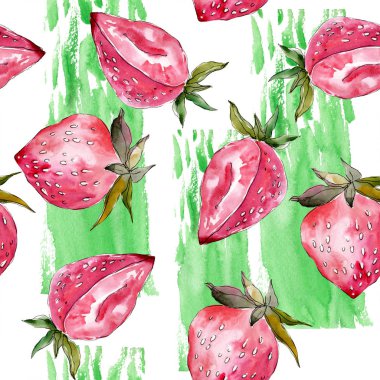 Çilek meyve. Yeşil yaprak. Suluboya arka plan illüstrasyon küme. Sorunsuz arka plan deseni.