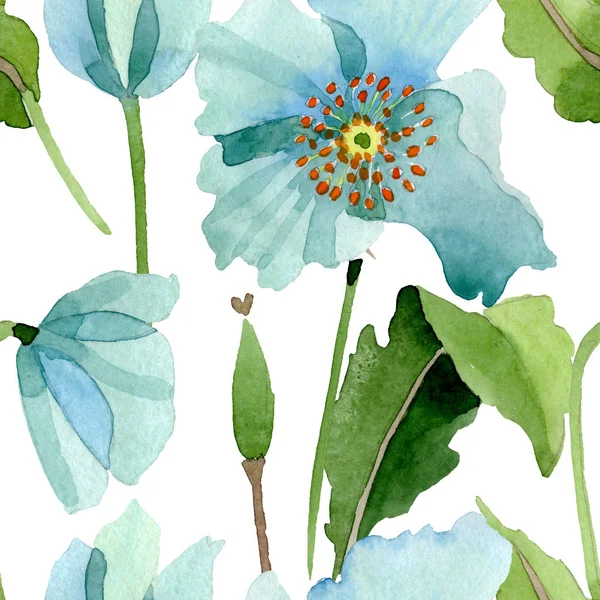 Blauer Klatschmohn, botanische Blume. Aquarell Hintergrundillustration Set. nahtloses Hintergrundmuster. — Stockfoto