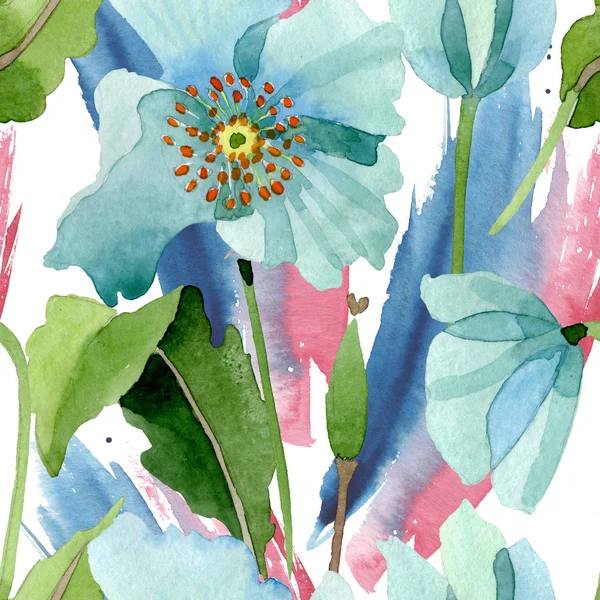 Modrý mák květinové botanické květ. Sada akvarel pozadí obrázku. Vzor bezešvé pozadí. — Stock fotografie