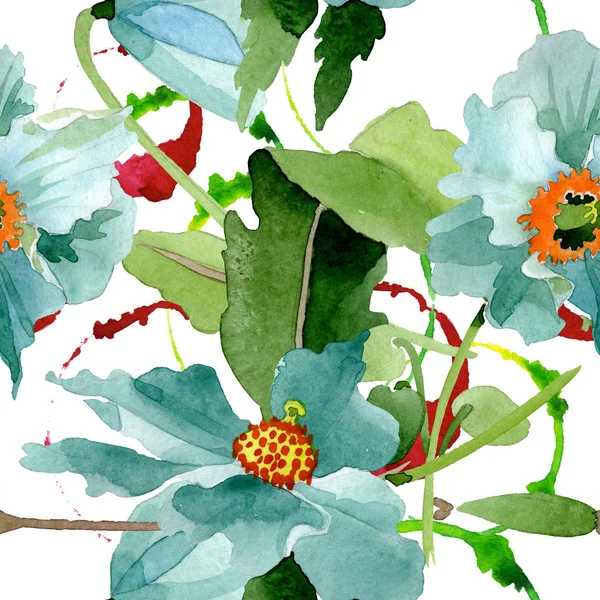 Flor botánica floral de amapola azul. Conjunto de ilustración de fondo acuarela. Patrón de fondo sin costuras . — Foto de Stock