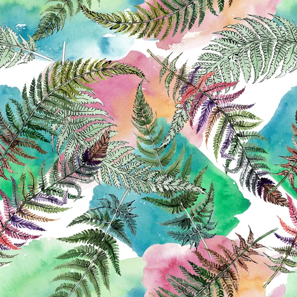 シダの緑の葉。植物の花葉を植物します。水彩画背景イラスト セット。シームレスな背景パターン. — ストック写真
