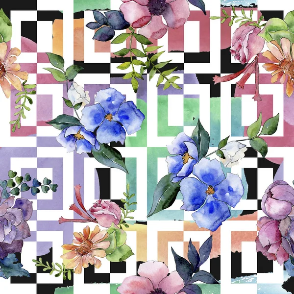 Buket çiçek botanik çiçekler. Suluboya arka plan illüstrasyon küme. Sorunsuz arka plan deseni.