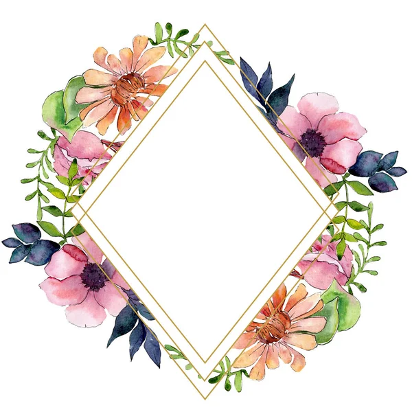 Boeket bloemen botanische bloemen. Aquarel achtergrond afbeelding instellen. Frame grens ornament vierkant. — Stockfoto
