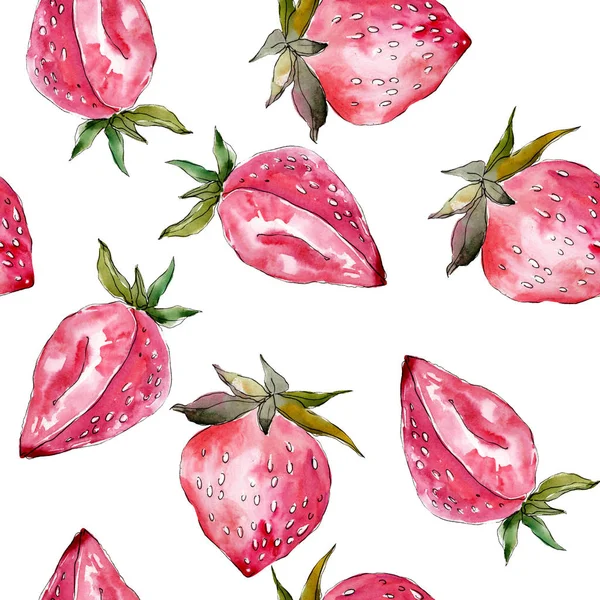 Strawberry frukter. Grönt blad. Akvarell bakgrund illustration set. Sömlös bakgrundsmönster. — Stockfoto