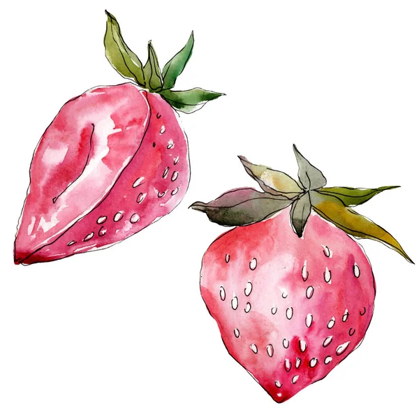 Strawberry fruits. Green leaf. Watercolor background illustration set. Isolated berry illustration element. — Stock Photo, Image
