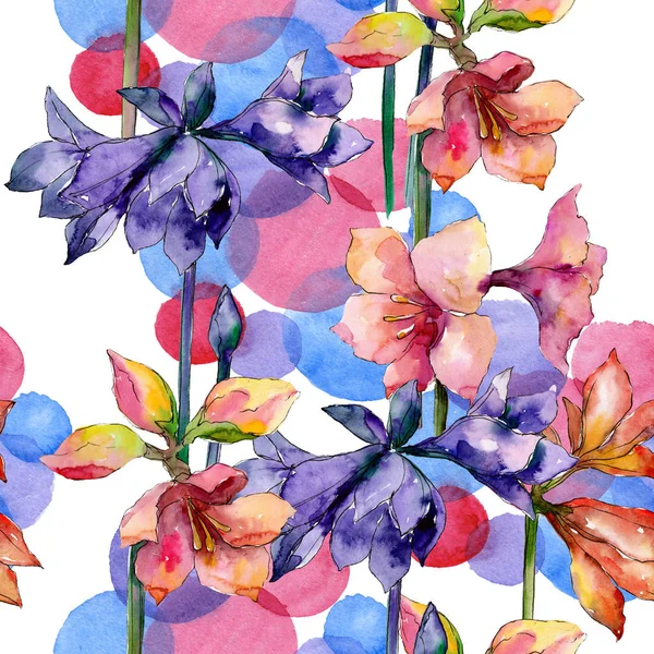 Amarillide rosa e viola fiore botanico floreale. Acquerello sfondo illustrazione set. Modello di sfondo senza soluzione di continuità . — Foto Stock