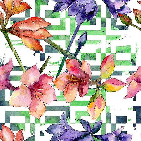 Rózsaszín és lila Amarillisz virág botanikai virág. Akvarell háttér illusztráció készlet. Varratmentes háttérben minta. — Stock Fotó