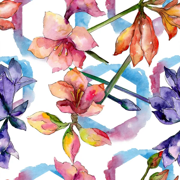Pink and purple amaryllis floral botanical flower. Watercolor background illustration set. Seamless background pattern. — Stock Photo, Image
